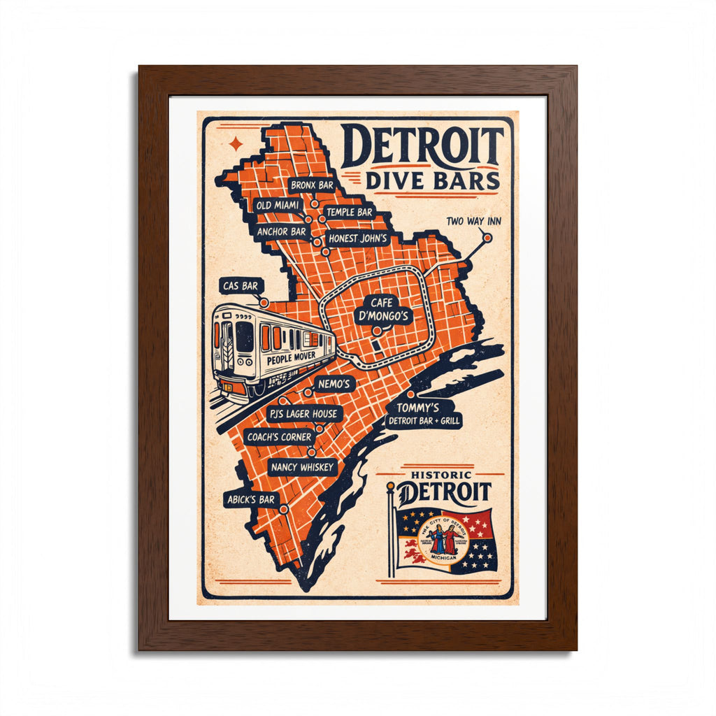Detroit Dive Bars Map Poster framed wall art | Detroit poster