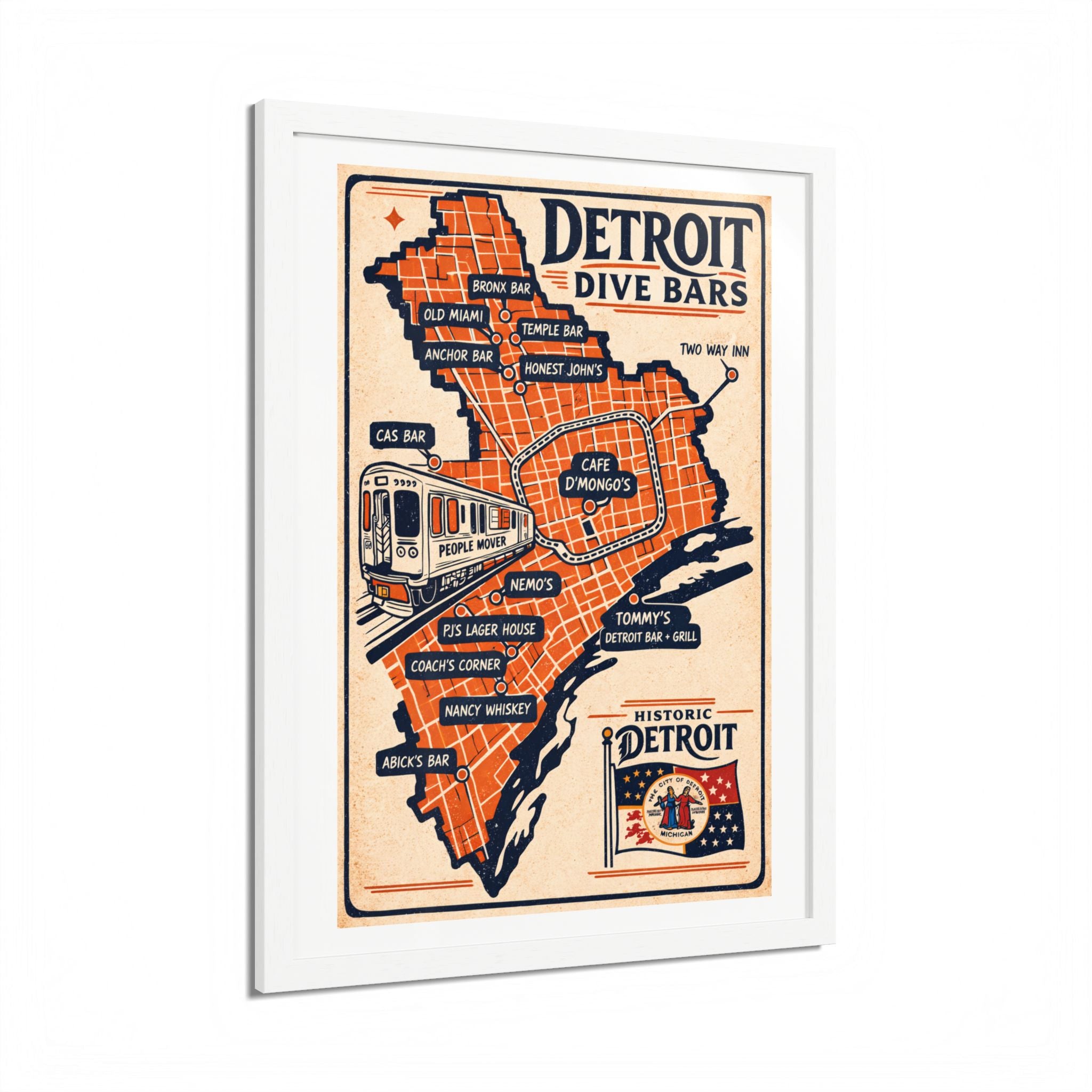 Detroit Dive Bars Map Poster framed wall art | Detroit poster