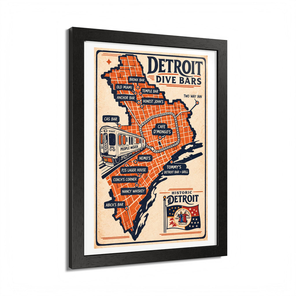 Detroit Dive Bars Map Poster framed wall art | Detroit poster