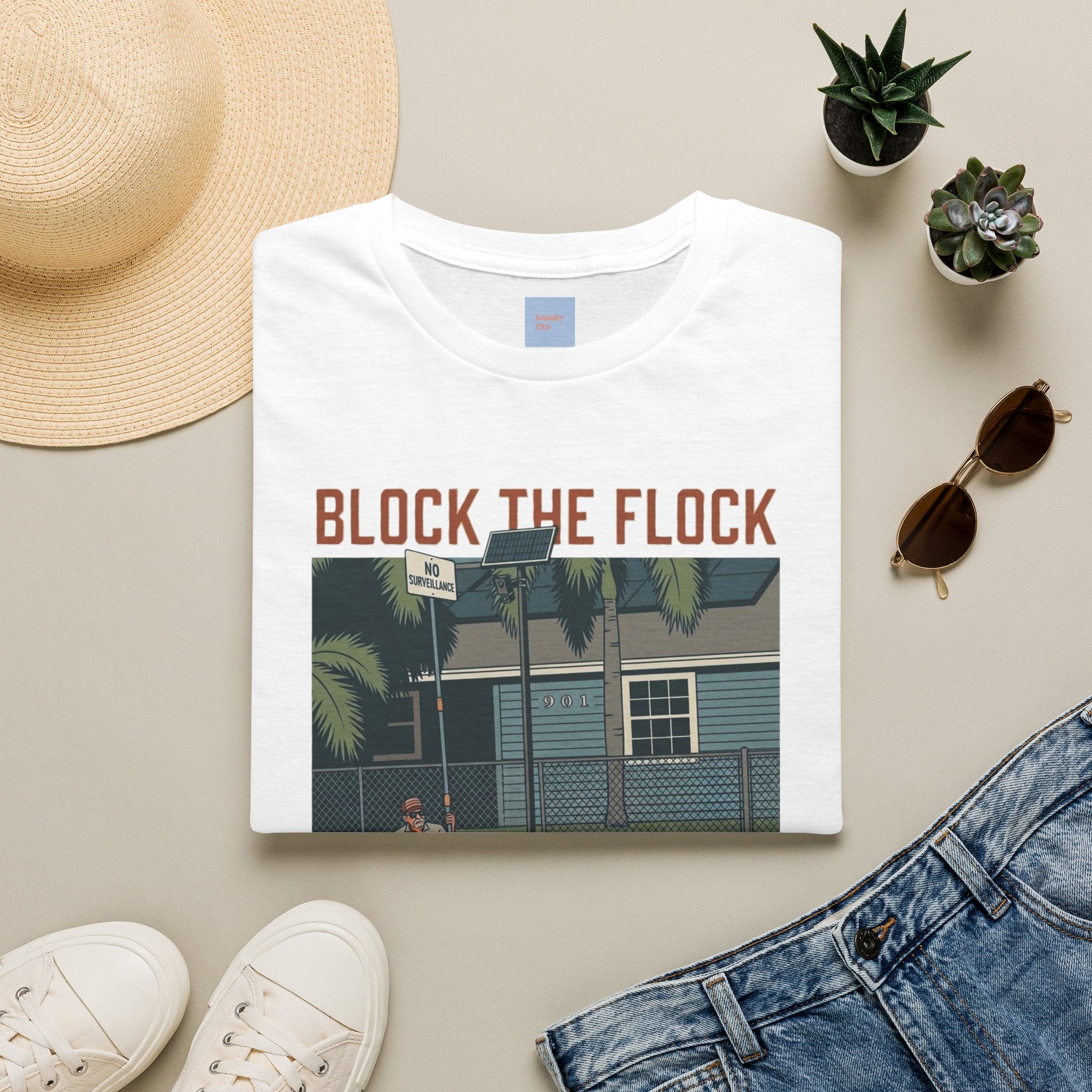 Block the Flock Graphic T-Shirt — Retro Beach House Illustration