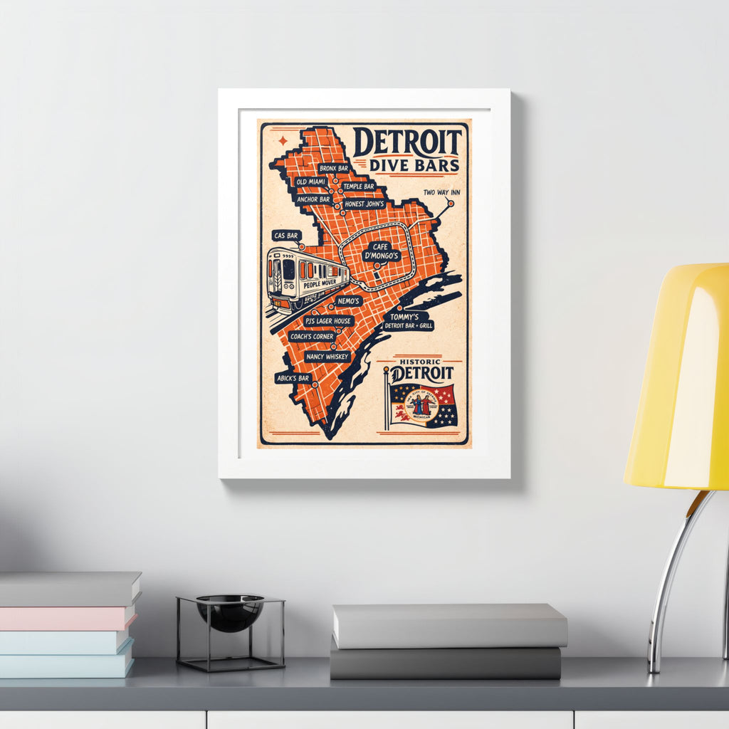 Detroit Dive Bars Map Poster framed wall art | Detroit poster