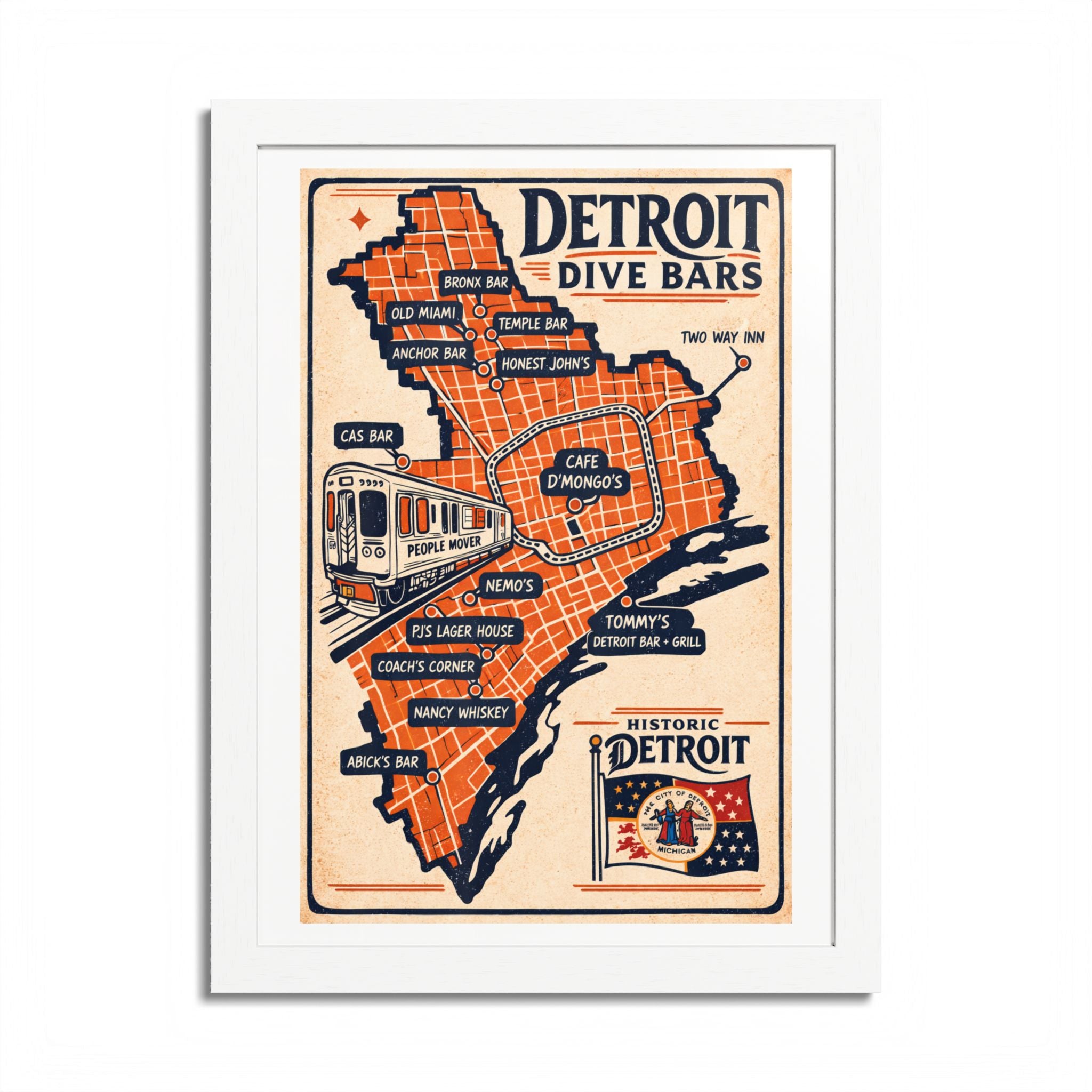 Detroit Dive Bars Map Poster framed wall art | Detroit poster