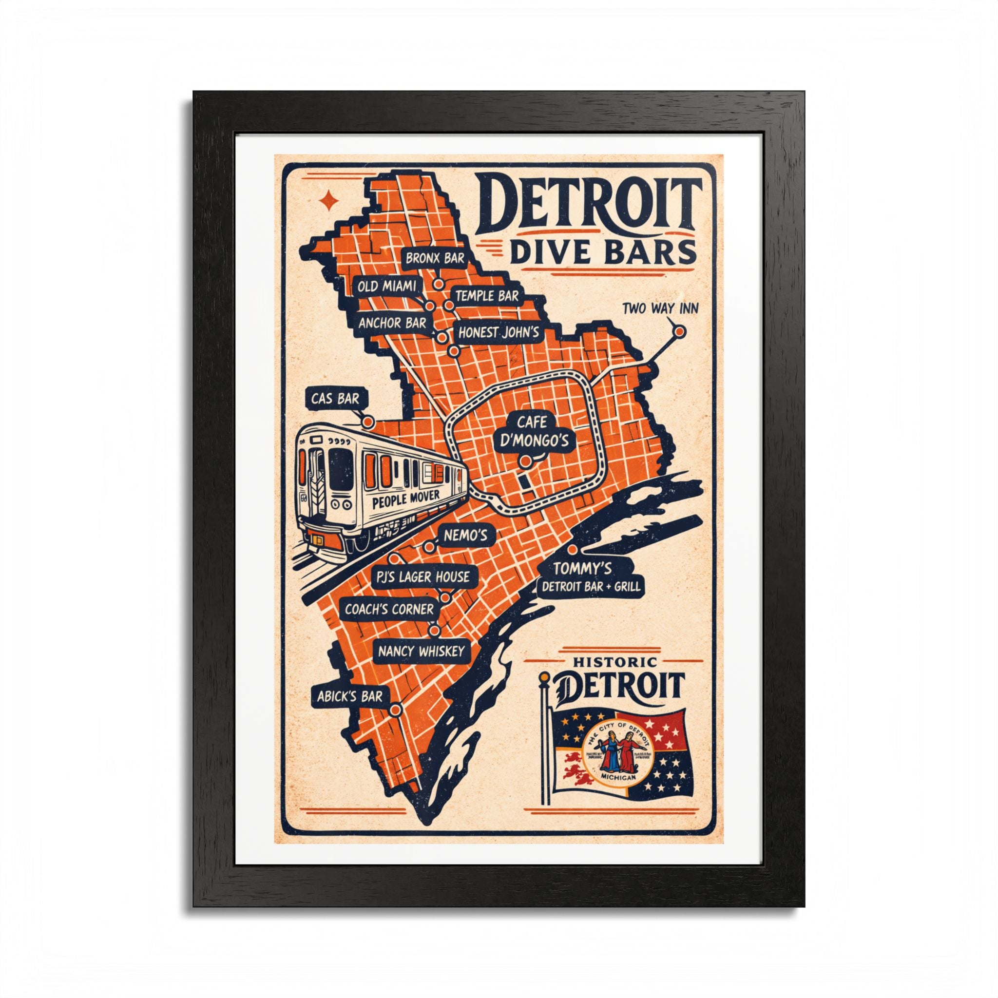 Detroit Dive Bars Map Poster framed wall art | Detroit poster