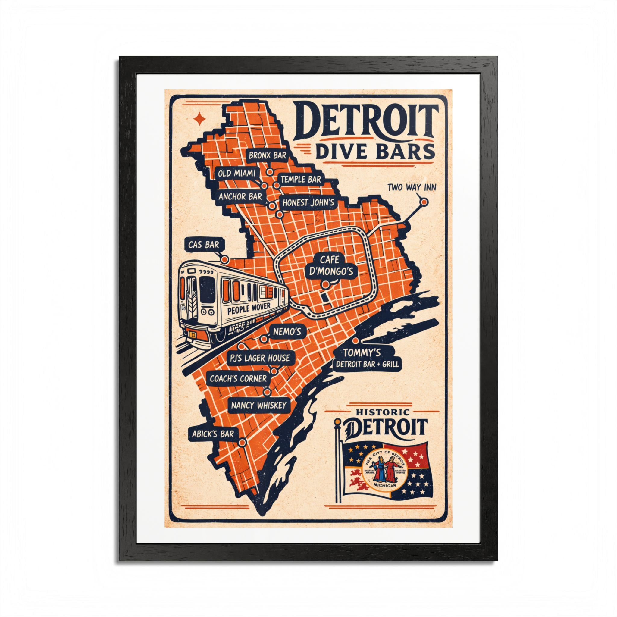 Detroit Dive Bars Map Poster framed wall art | Detroit poster