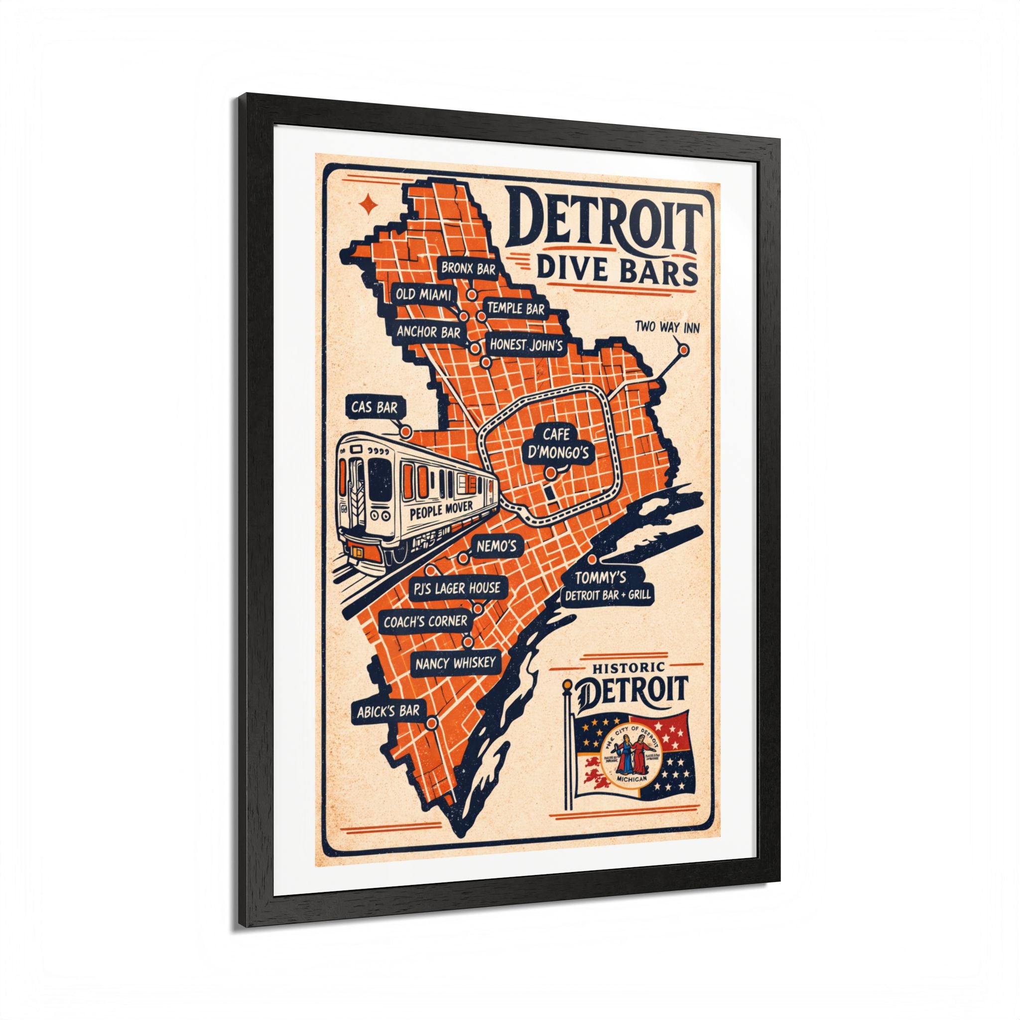 Detroit Dive Bars Map Poster framed wall art | Detroit poster