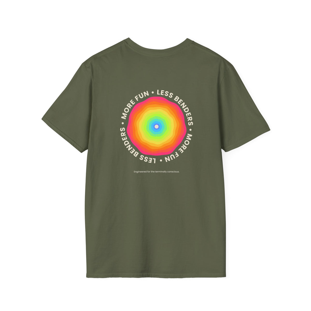 LESS BENDERS MORE FUN Front/Back Print Rainbow Retro T-Shirt - Made For the Terminally Conscious