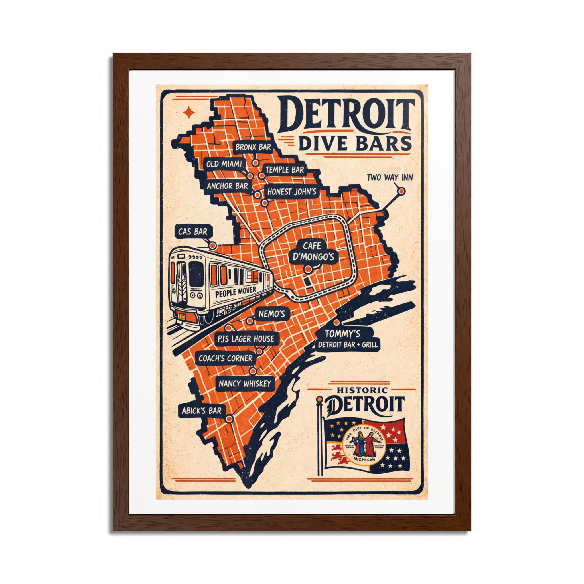 Detroit Dive Bars Map Poster framed wall art | Detroit poster