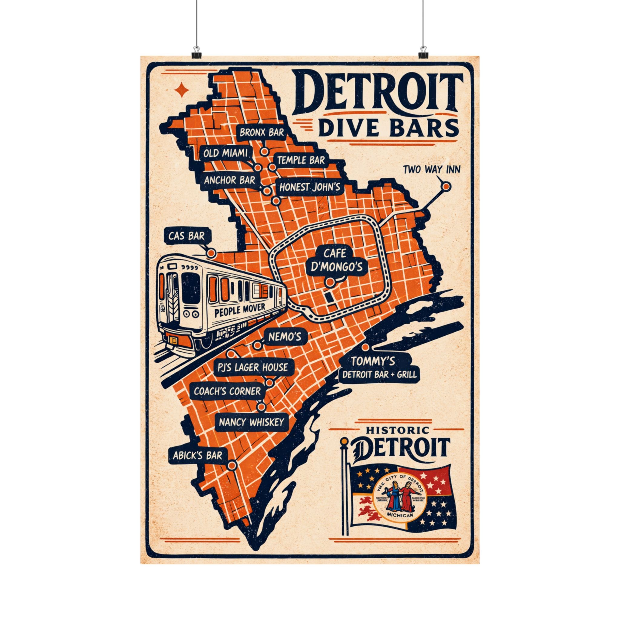 Detroit Dive Bars Rolled Poster | Vintage Map Wall Art
