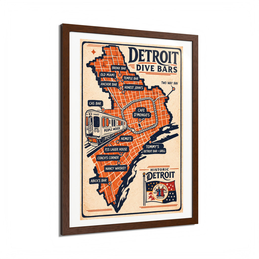Detroit Dive Bars Map Poster framed wall art | Detroit poster