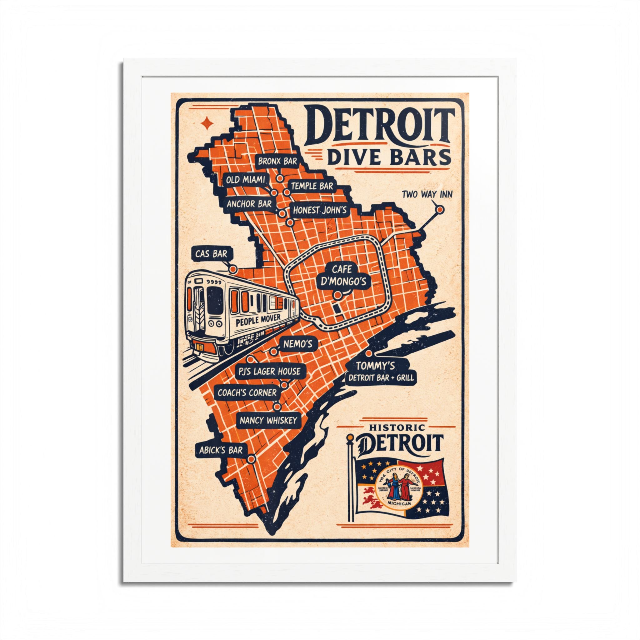 Detroit Dive Bars Map Poster framed wall art | Detroit poster