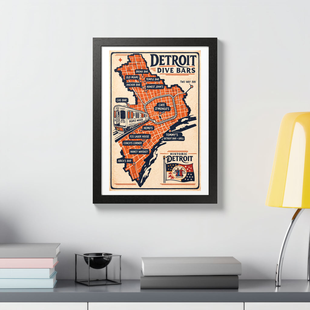 Detroit Dive Bars Map Poster framed wall art | Detroit poster