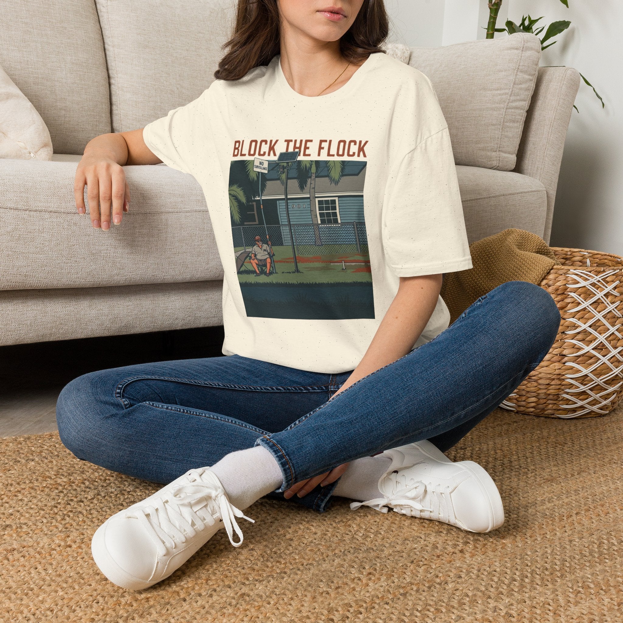 Block the Flock Graphic T-Shirt — Retro Beach House Illustration