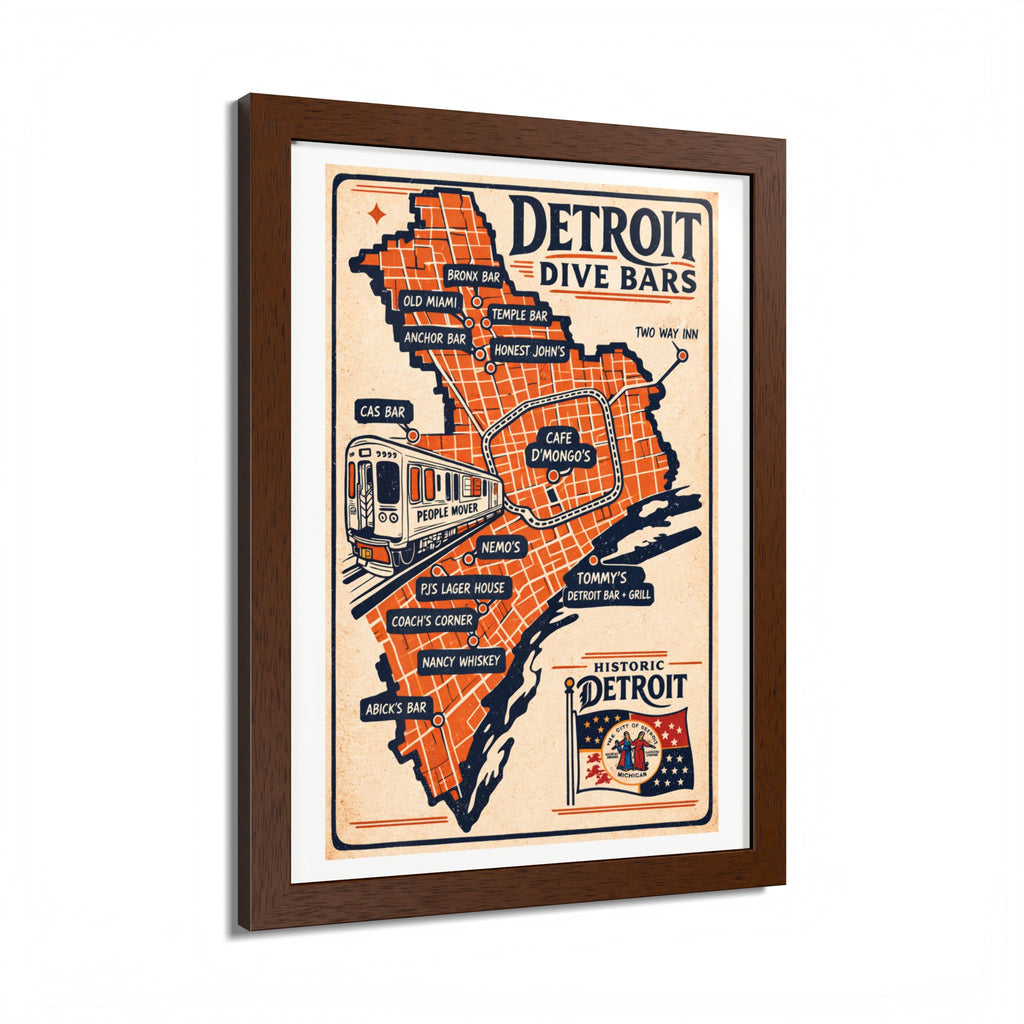 Detroit Dive Bars Map Poster framed wall art | Detroit poster
