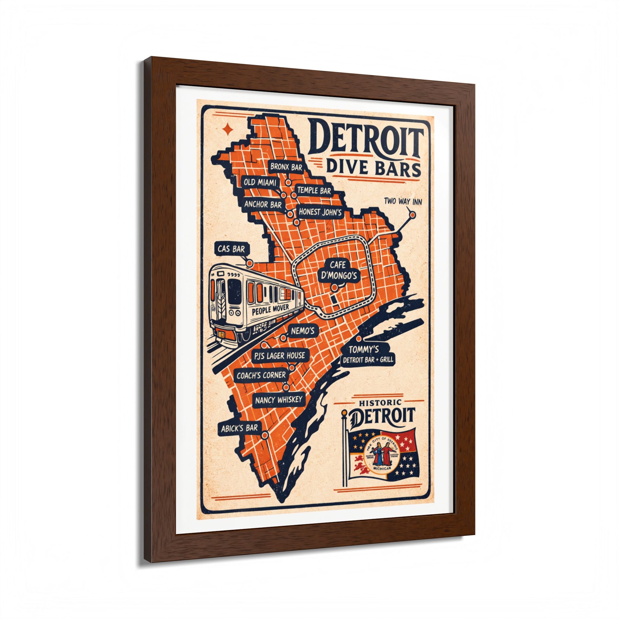 Detroit Dive Bars Map Poster framed wall art | Detroit poster