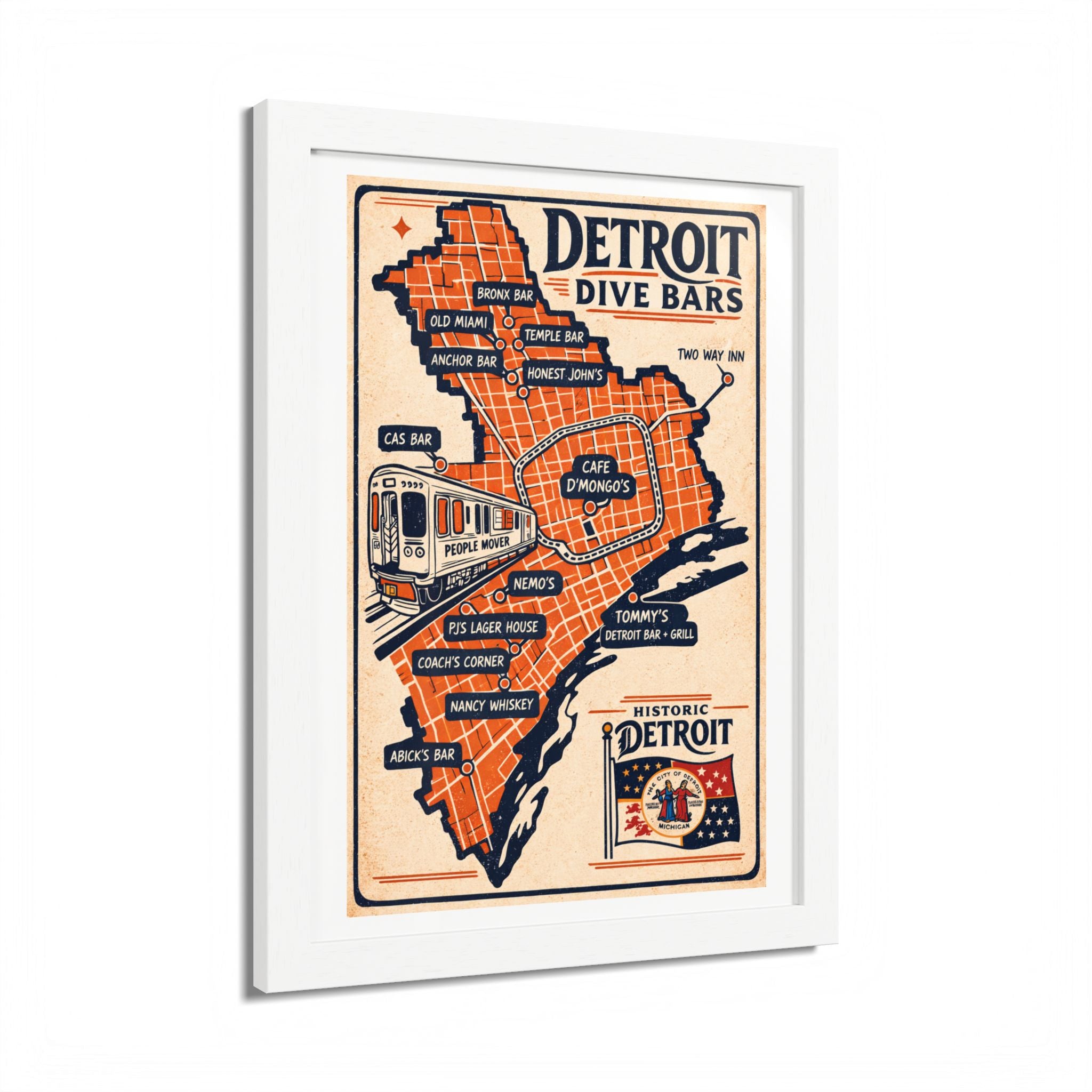 Detroit Dive Bars Map Poster framed wall art | Detroit poster